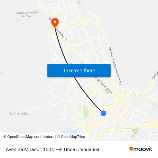 Avenida Mirador, 1504 to Unea Chihuahua map