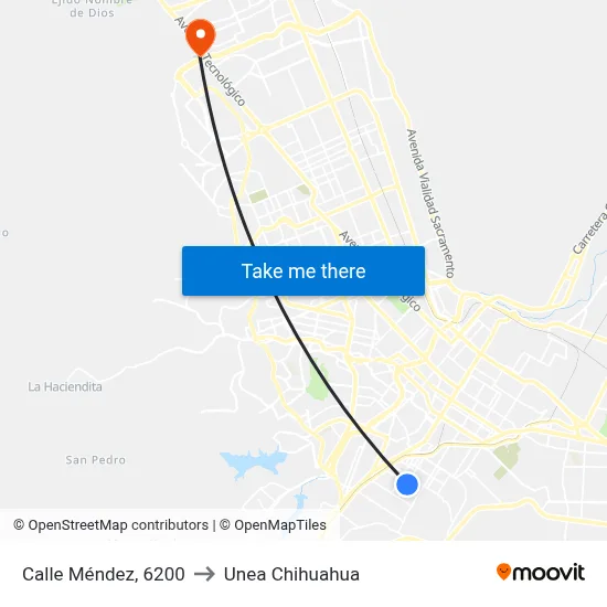 Calle Méndez, 6200 to Unea Chihuahua map