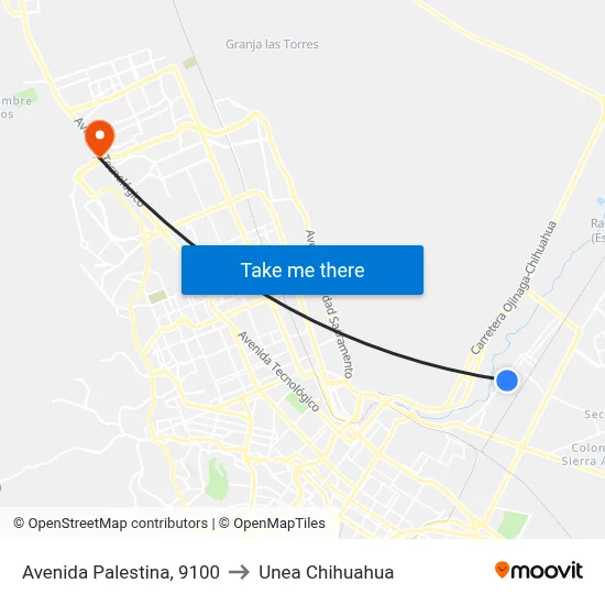 Avenida Palestina, 9100 to Unea Chihuahua map