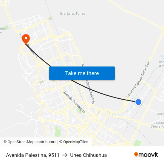 Avenida Palestina, 9511 to Unea Chihuahua map