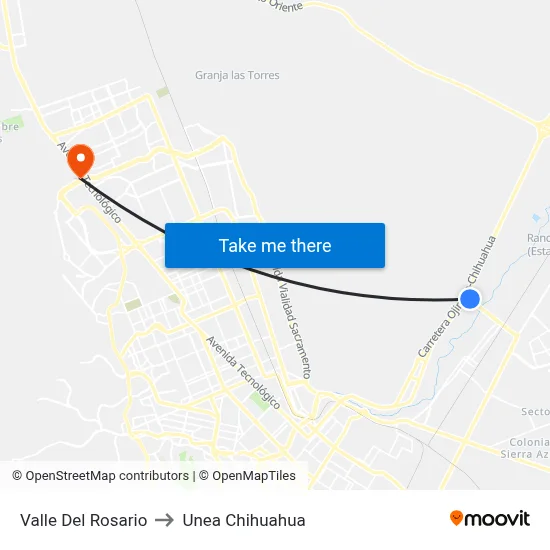 Valle Del Rosario to Unea Chihuahua map