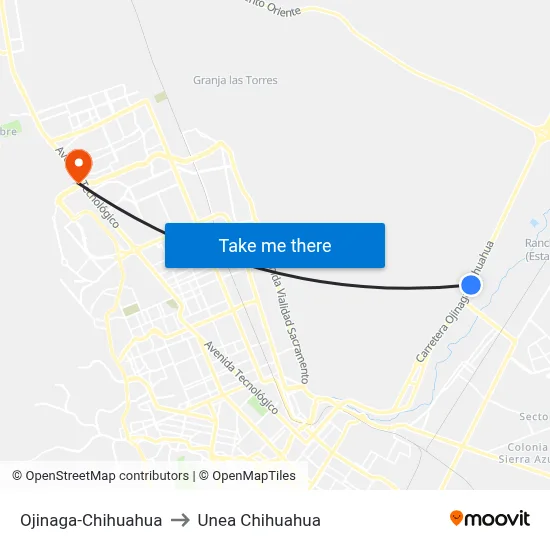 Ojinaga-Chihuahua to Unea Chihuahua map