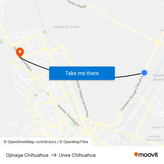 Ojinaga-Chihuahua to Unea Chihuahua map