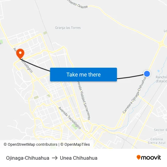 Ojinaga-Chihuahua to Unea Chihuahua map