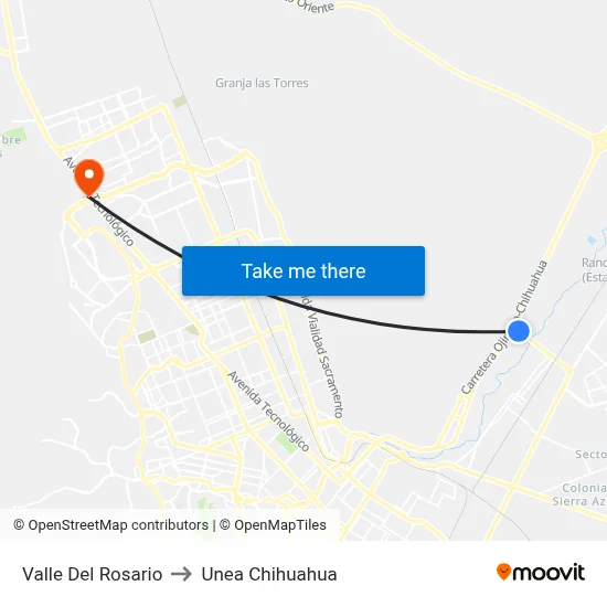 Valle Del Rosario to Unea Chihuahua map