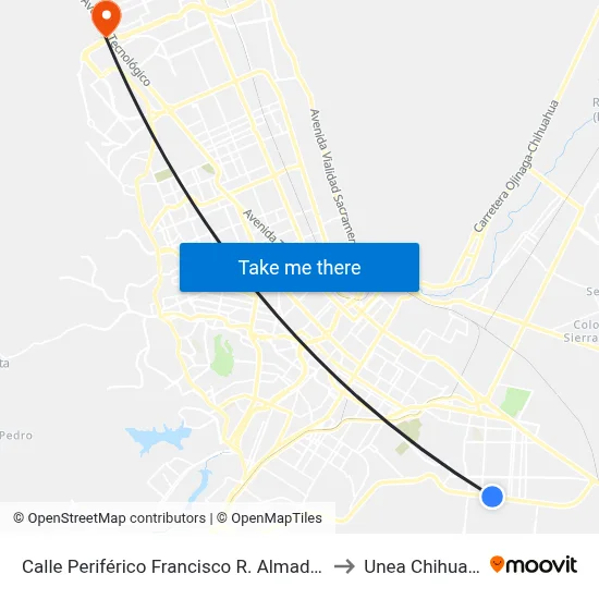 Calle Periférico Francisco R. Almada, 5331 to Unea Chihuahua map