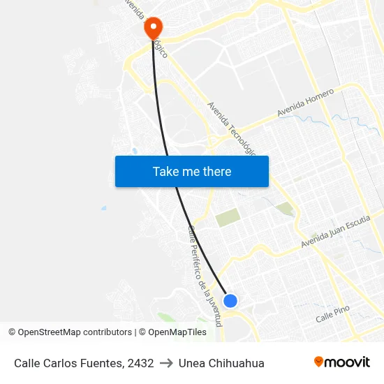 Calle Carlos Fuentes, 2432 to Unea Chihuahua map