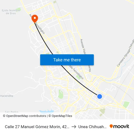 Calle 27 Manuel Gómez Morin, 4226 to Unea Chihuahua map
