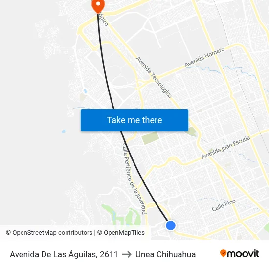 Avenida De Las Águilas, 2611 to Unea Chihuahua map