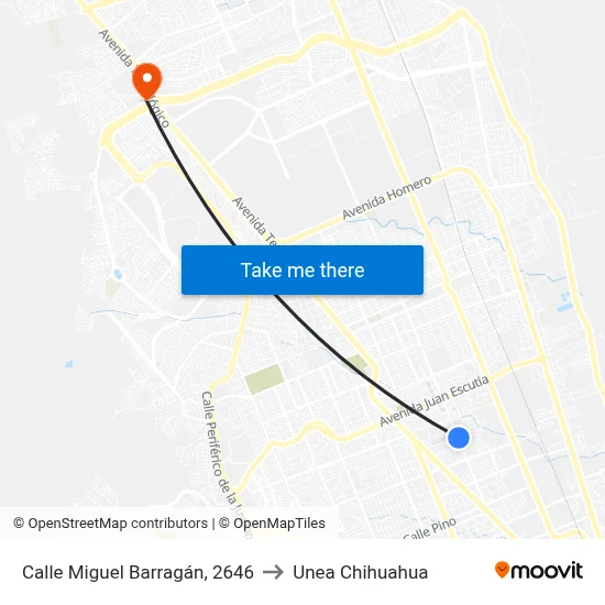 Calle Miguel Barragán, 2646 to Unea Chihuahua map