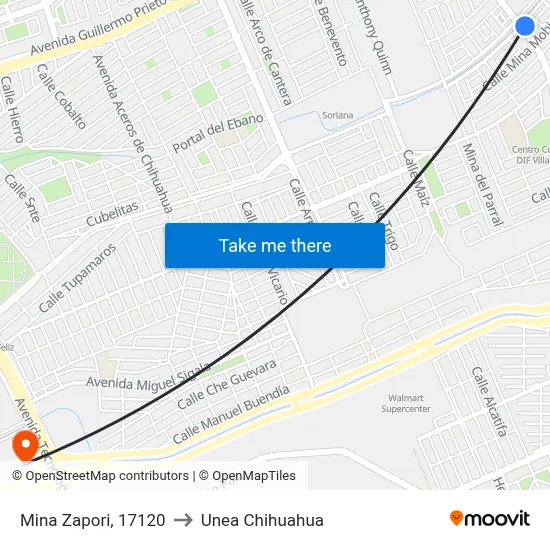 Mina Zapori, 17120 to Unea Chihuahua map