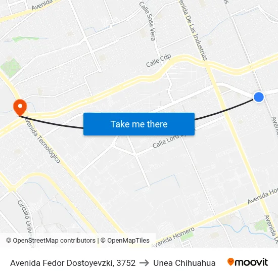 Avenida Fedor Dostoyevzki, 3752 to Unea Chihuahua map