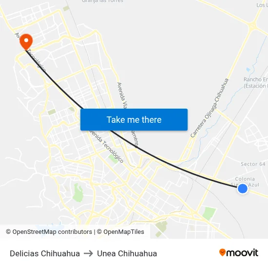 Delicias Chihuahua to Unea Chihuahua map