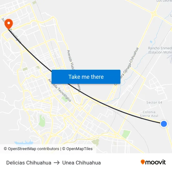 Delicias Chihuahua to Unea Chihuahua map