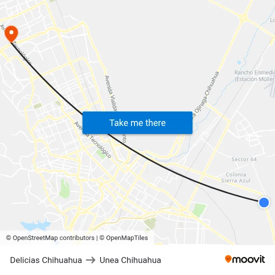 Delicias Chihuahua to Unea Chihuahua map