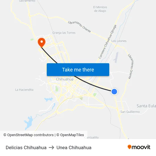 Delicias Chihuahua to Unea Chihuahua map