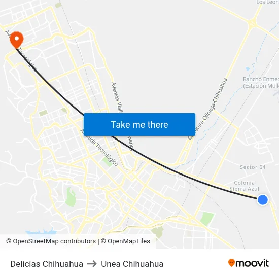 Delicias Chihuahua to Unea Chihuahua map