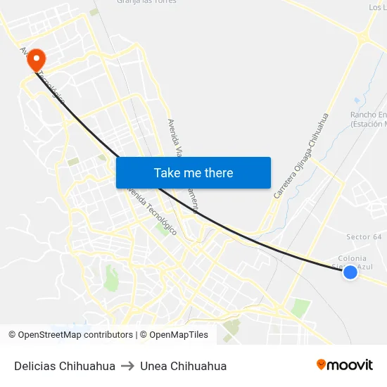Delicias Chihuahua to Unea Chihuahua map