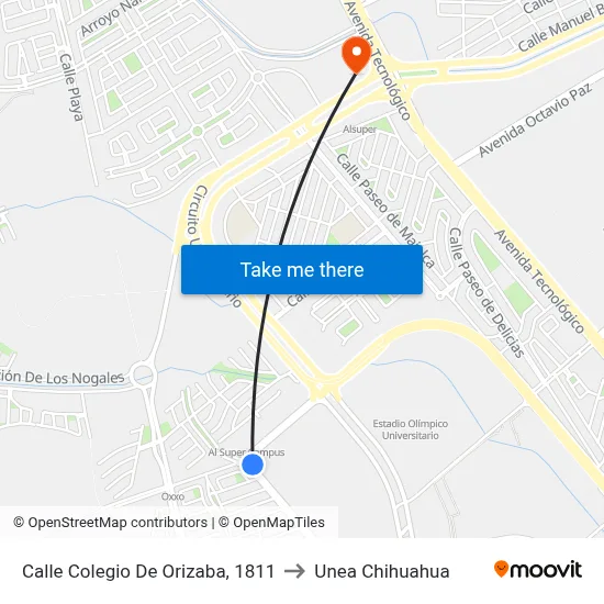 Calle Colegio De Orizaba, 1811 to Unea Chihuahua map