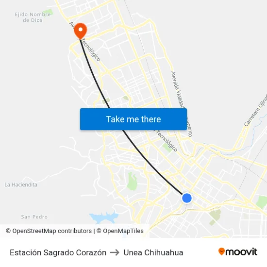 Estación Sagrado Corazón to Unea Chihuahua map
