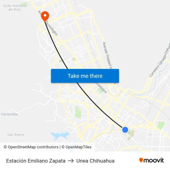 Estación Emiliano Zapata to Unea Chihuahua map