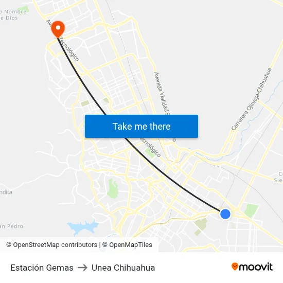 Estación Gemas to Unea Chihuahua map