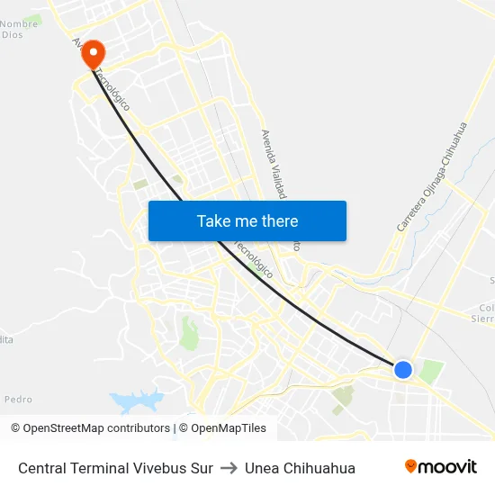 Central Terminal Vivebus Sur to Unea Chihuahua map