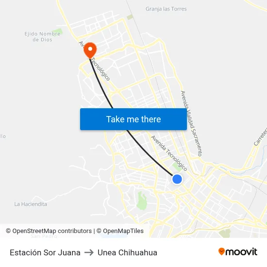 Estación Sor Juana to Unea Chihuahua map