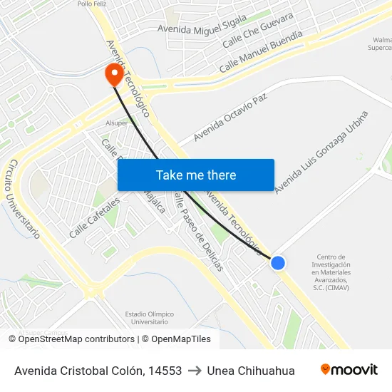 Avenida Cristobal Colón, 14553 to Unea Chihuahua map