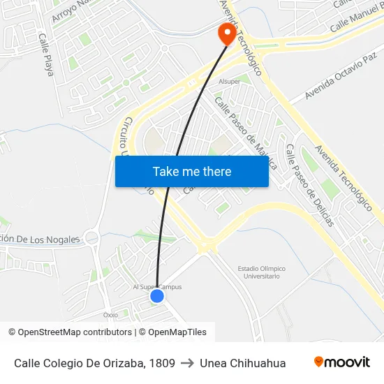 Calle Colegio De Orizaba, 1809 to Unea Chihuahua map