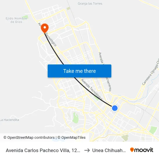 Avenida Carlos Pacheco Villa, 1201 to Unea Chihuahua map