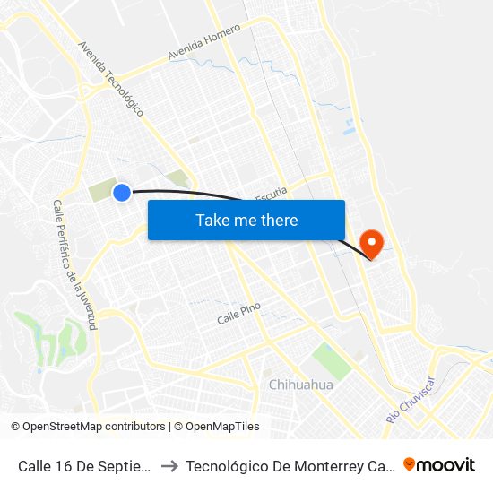 Calle 16 De Septiembre, 1202 to Tecnológico De Monterrey Campus Chihuahua map