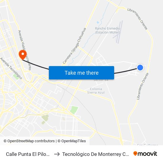 Calle Punta El Piloncillo, 10101 to Tecnológico De Monterrey Campus Chihuahua map
