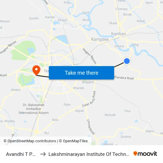 Avandhi T Point to Lakshminarayan Institute Of Technology map