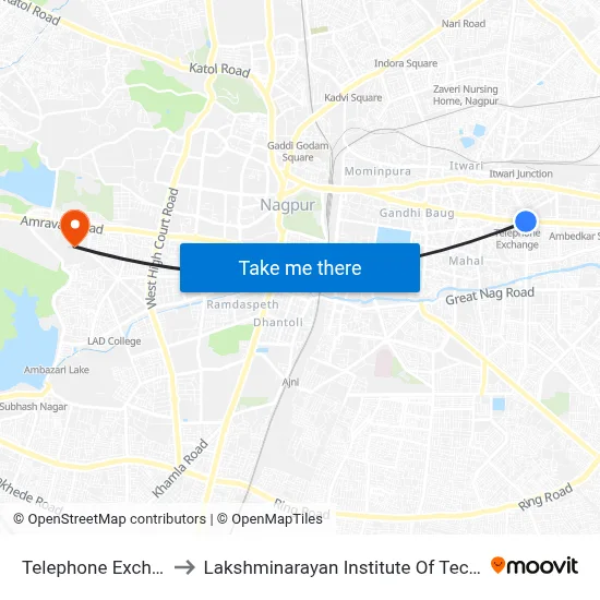 Telephone Exchange to Lakshminarayan Institute Of Technology map