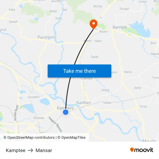 Kamptee to Mansar map