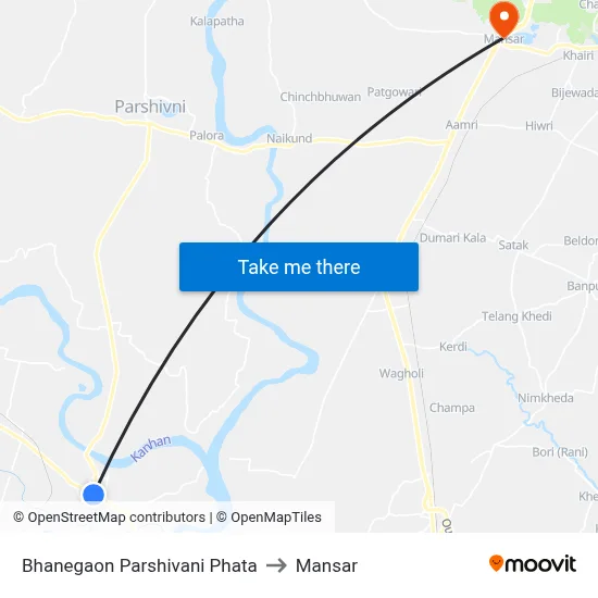 Bhanegaon Parshivani Phata to Mansar map