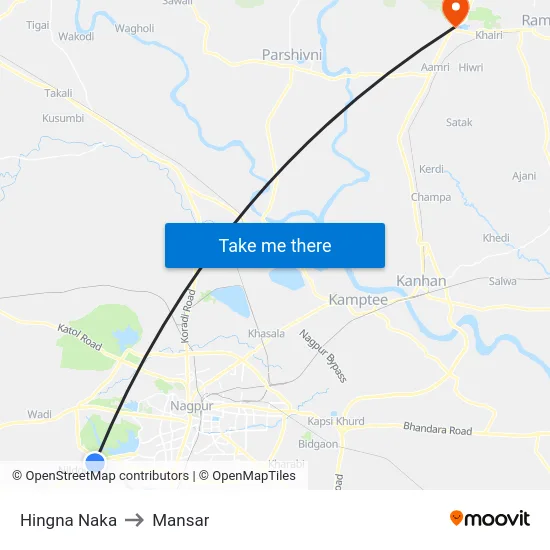 Hingna Naka to Mansar map
