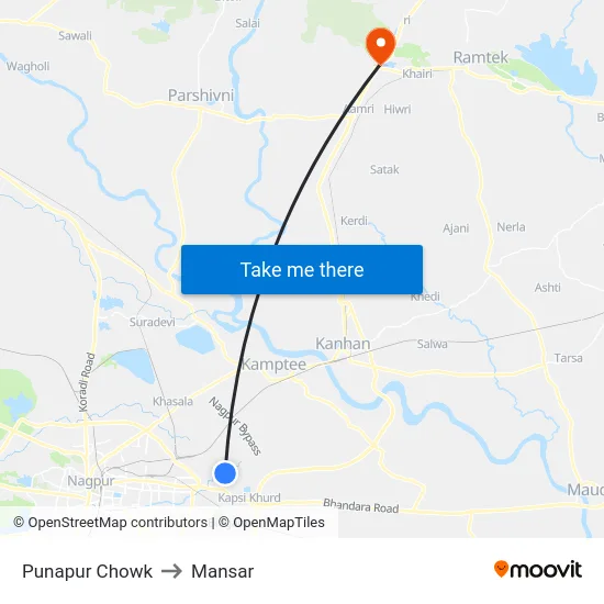 Punapur Chowk to Mansar map