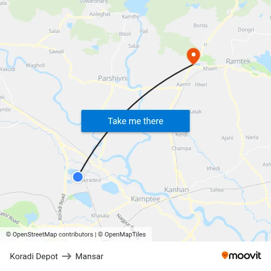 Koradi Depot to Mansar map