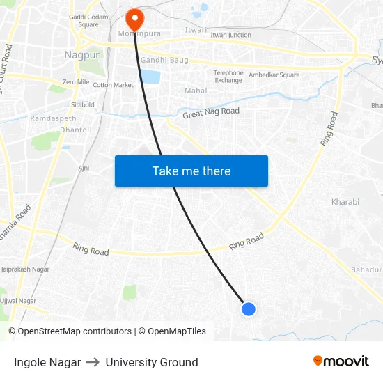Ingole Nagar to University Ground map