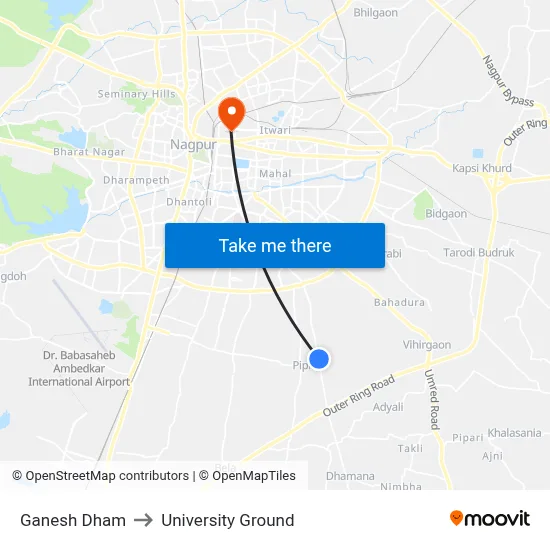 Ganesh Dham to University Ground map