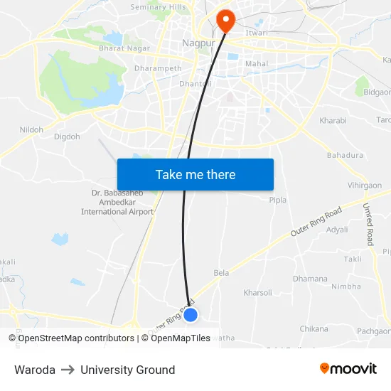 वरोडा to विश्वविद्यालय मैदान map