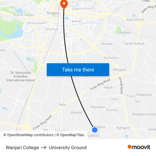 Wanjari College to University Ground map