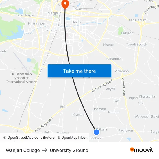 Wanjari College to University Ground map