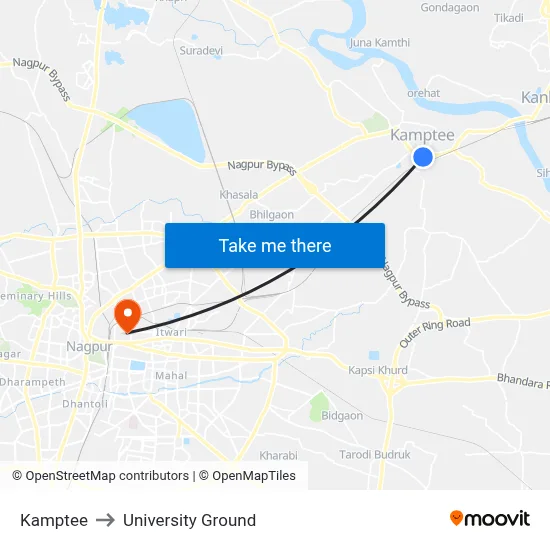 Kamptee to University Ground map