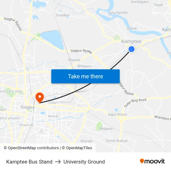Kamptee Bus Stand to University Ground map