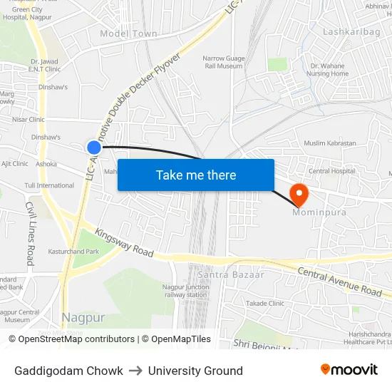 Gaddigodam Chowk to University Ground map