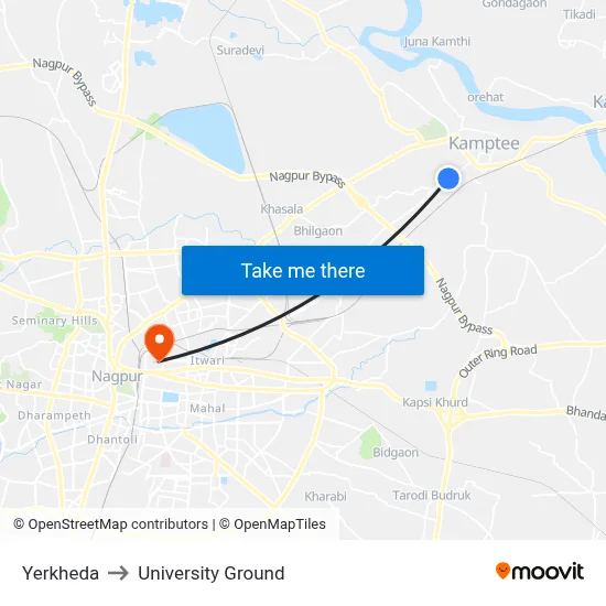 Yerkheda to University Ground map