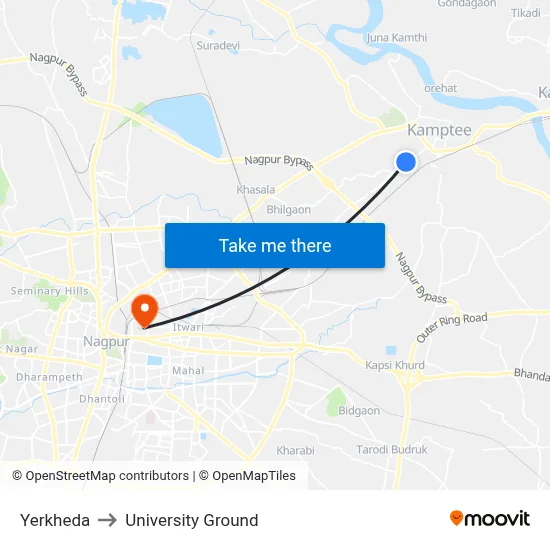 Yerkheda to University Ground map